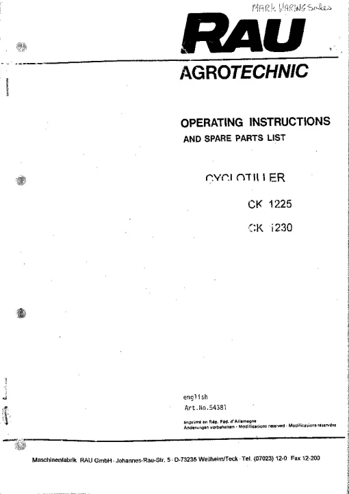 RAU Cyclotiller CK1225 CK1230 Power Harrows 2002 Parts Manual Catalog PDF Download