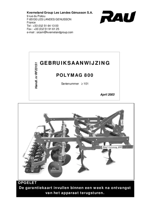 RAU Polymag 800 Cultivators stubble Dutch Operation Maintenance and Parts Manual PDF download