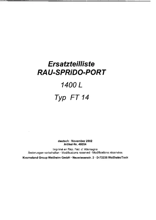 RAU Sprido-Port 1400L Typ FT14 Parts Manual Catalog PDF Download