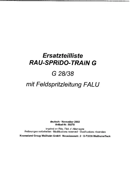 RAU Sprido-Train G G28-38 mit Feldspritzleitung FALU Parts Manual Catalog PDF Download