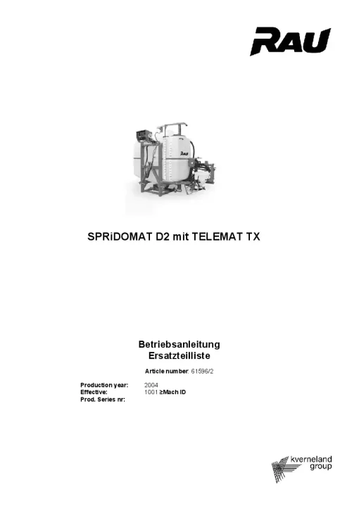 RAU Spridomat D2 mit Telemat Sprayers Mounted 2004 Parts Manual Catalog PDF Download