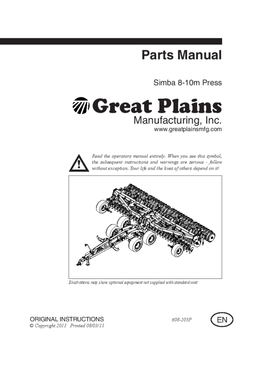 Simba Great Plains 8-10m Press 608-205P 2013 Parts Manual Catalog Pdf Download
