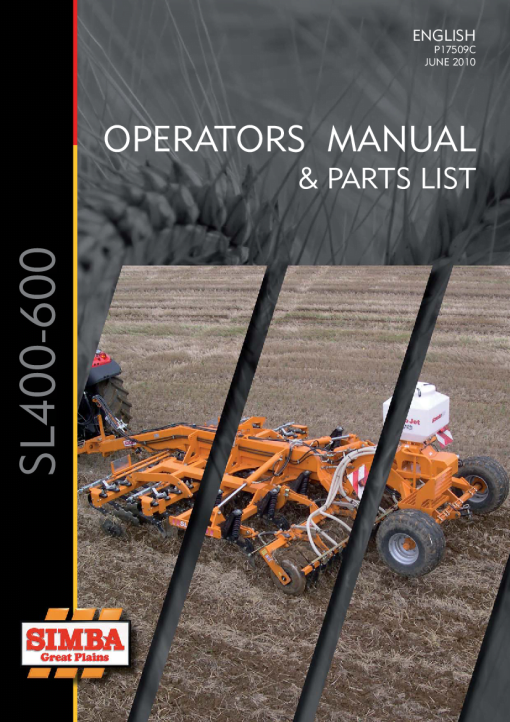 Simba Great Plains SL 400-600 Cultivator P17509C 2010 Operation Maintenance and Parts Manual PDF download