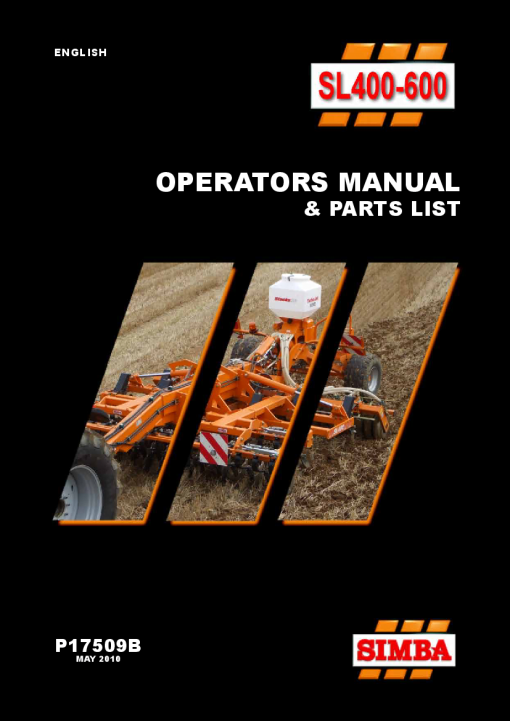 Simba Great Plains SL400-600 Cultivator P17509B 2010 Operation Maintenance and Parts Manual PDF download