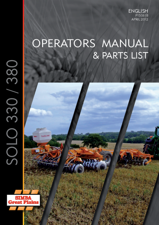 Simba Great Plains SOLO 300 P15061B Cutivators stubble 2012 Operation Maintenance and Parts Manual PDF download