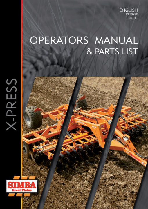 Simba Great Plains X-Press P17897B Disc Harrow Compact 2011 Operation Maintenance and Parts Manual PDF download