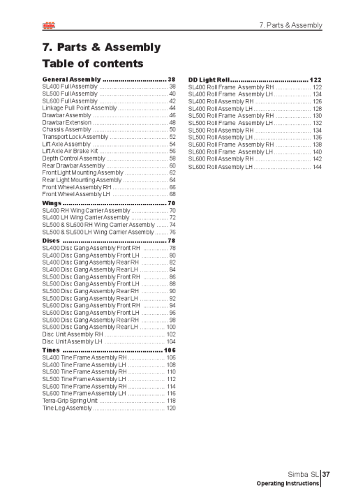 Simba SL400-600 Cultivator 2007 Parts Manual Catalog Pdf Download