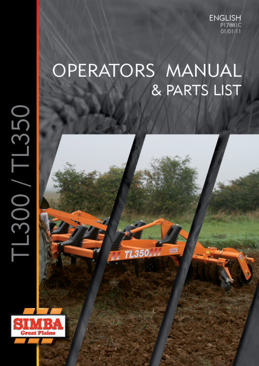 Simba TL300 TL350 P17881C Cutivator Stubble 2011 Operation Maintenance and Parts Manual PDF download