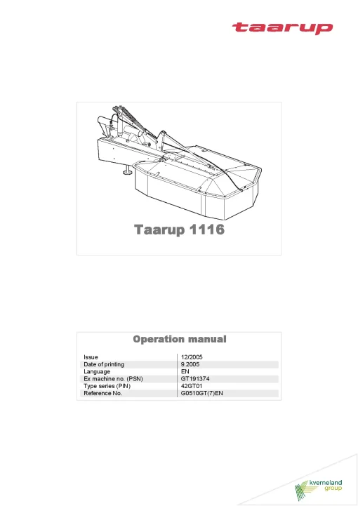 Taarup 1116 Drum Mower 2005- G0510GT-7EN Operation Maintenance Manual PDF download