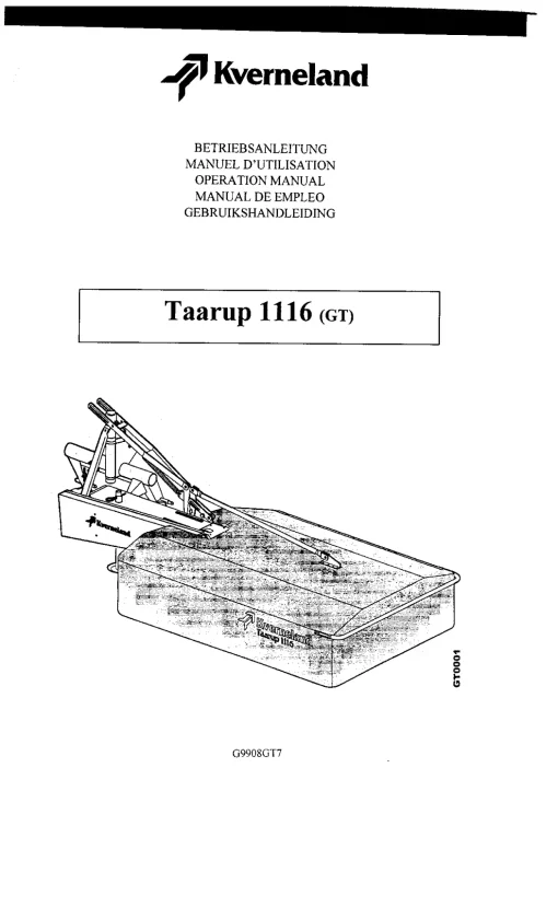 Taarup 1116-GT Drum Mower 2000 Operation Maintenance Manual PDF download