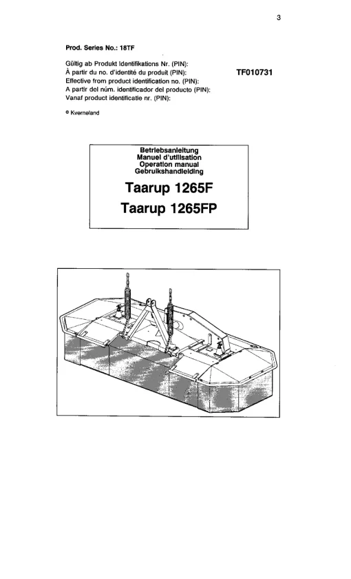 Taarup 1265FP 1265F Mower Conditioner Operation Maintenance Manual PDF download