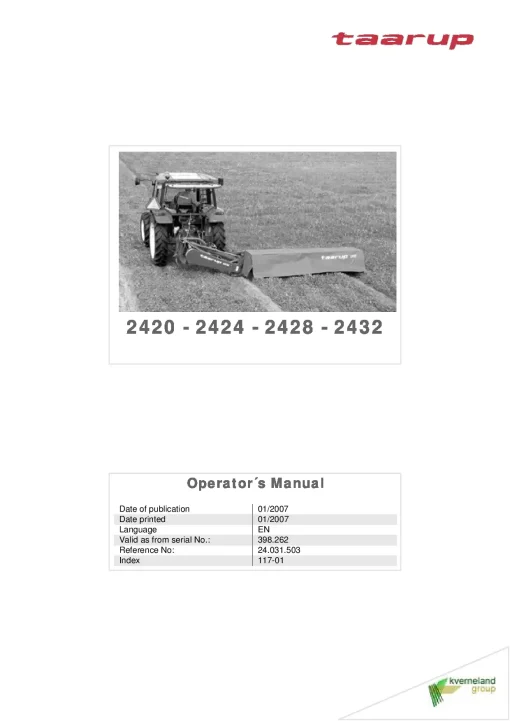 Taarup 2420 2424 2428 2432 Mower 2007 Operation Maintenance Manual PDF download