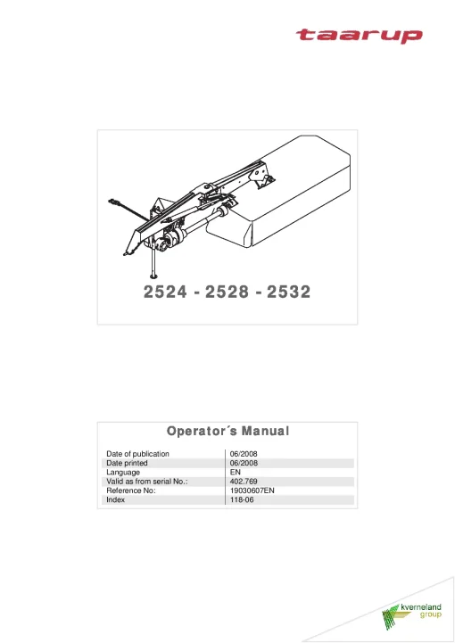 Taarup 2524 2528 2532 Mower 2008 Operation Maintenance Manual PDF download