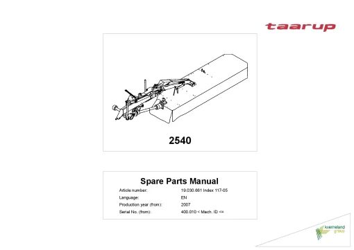 Taarup 2540 Mower 2007 Sn 400010- Parts Manual Catalog Pdf Download