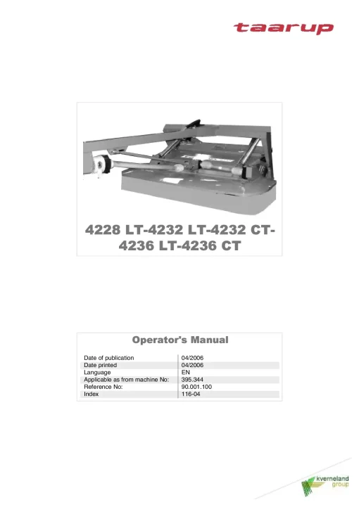 Taarup 4228 4232 4236-LT 4232 4236-CT Mower Conditioner 2006 Operation Maintenance Manual PDF download