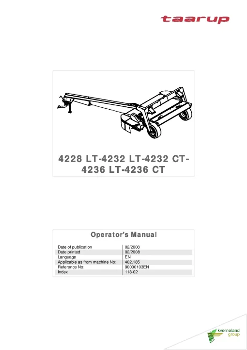 Taarup 4228 4232 4236-LT 4232 4236-CT Mower Conditioner 2008 Operation Maintenance Manual PDF download