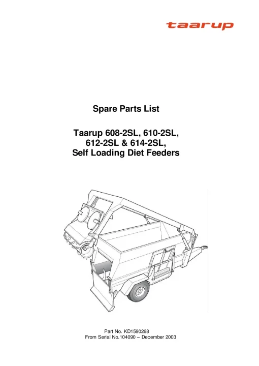 Taarup 608 610 612 614 -2 SL Self loading Diet Feeders KD15902680-2003 Parts Manual Catalog Pdf Download