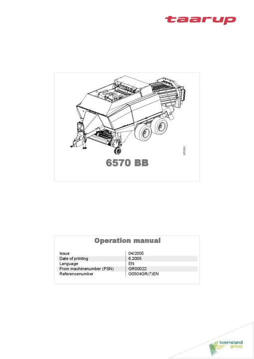 Taarup 6570 BB Balers Square Big 2005 Operation Maintenance Manual PDF download