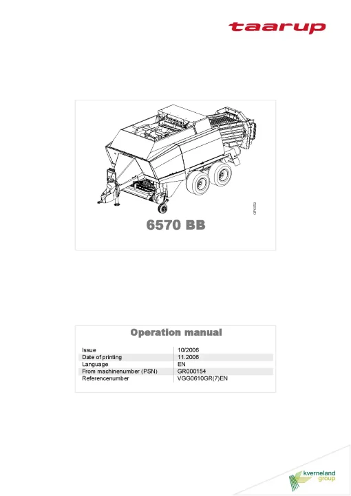 Taarup 6570 BB Balers Square Big 2006-2008 Operation Maintenance Manual PDF download
