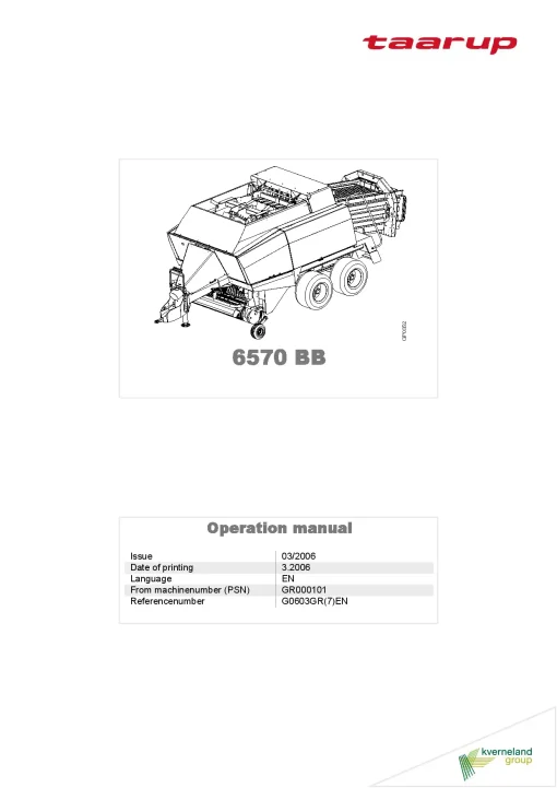 Taarup 6570 BB Balers Square Big 2006 Operation Maintenance Manual PDF download