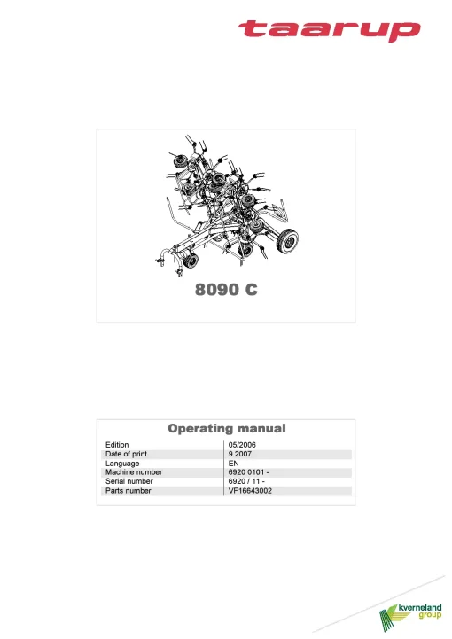 Taarup 8090C Tedders 8 rotors 2006 Operation Maintenance Manual PDF download