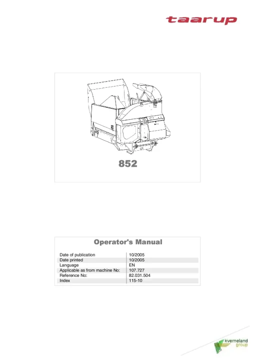 Taarup 852 Bale choppers and feeders 2005 Machine No 107.727 Operation Maintenance Manual PDF download