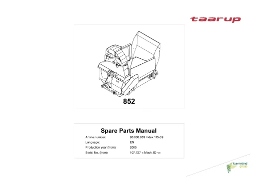 Taarup 852 Bale choppers and feeders 2005 Parts Manual Catalog Pdf Download