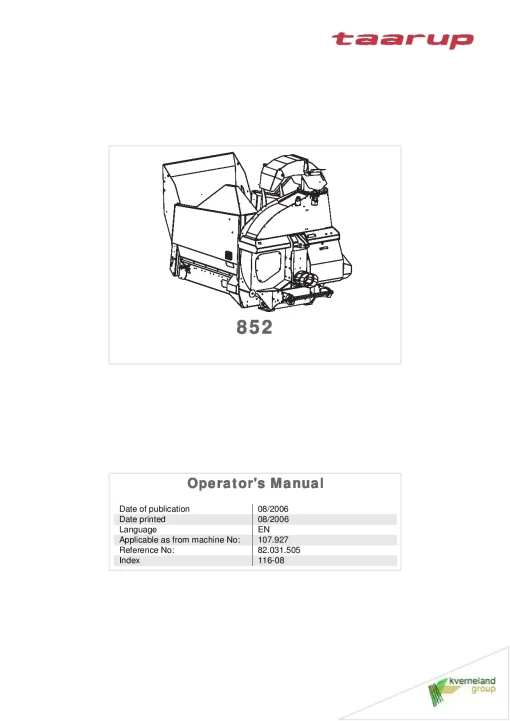 Taarup 852 Bale choppers and feeders 2006 Operation Maintenance Manual PDF download
