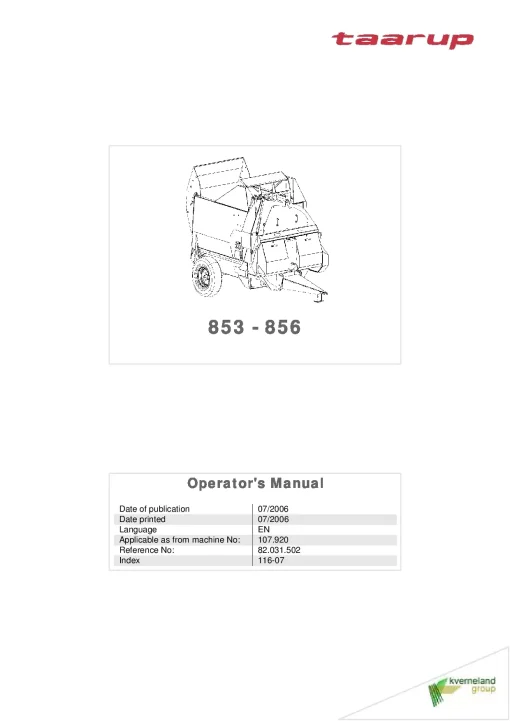 Taarup 853 856 Bale choppers and feeders 2006 Operation Maintenance Manual PDF download