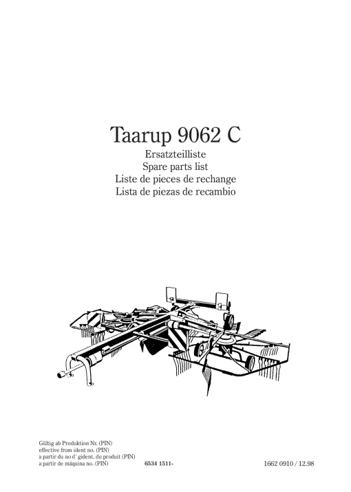 Taarup 9062C Rakes Multi rotors 1998 Parts Manual Catalog Pdf Download