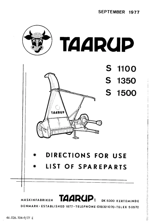 Taarup S1100 S1350 S1500 Forage harvesters 1977 Parts Manual Catalog Pdf Download