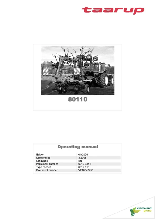Taarup TA 80111C Tedders 8 rotors 2006 Operation Maintenance Manual PDF download