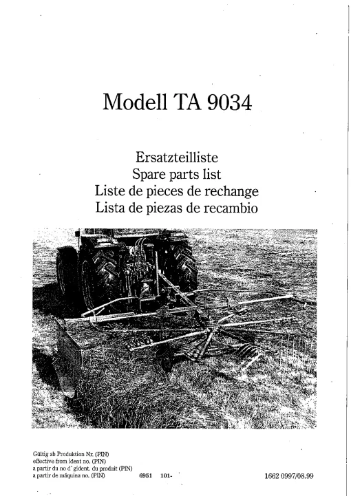 Taarup TA 9034 Rakes Single rotor 1999 Parts Manual Catalog Pdf Download
