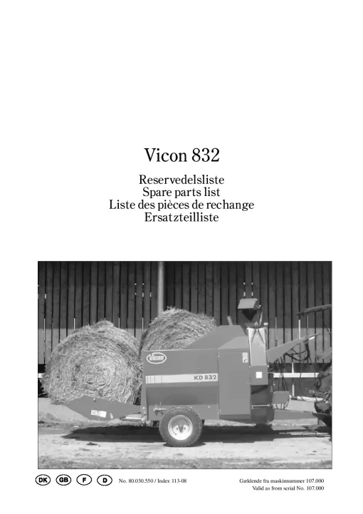 Vicon 832 Bale choppers feeders Parts Manual Catalog Pdf Download