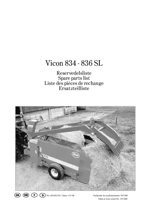 Vicon 834 836 -SL Bale choppers feeders 1997 Parts Manual Catalog Pdf Download