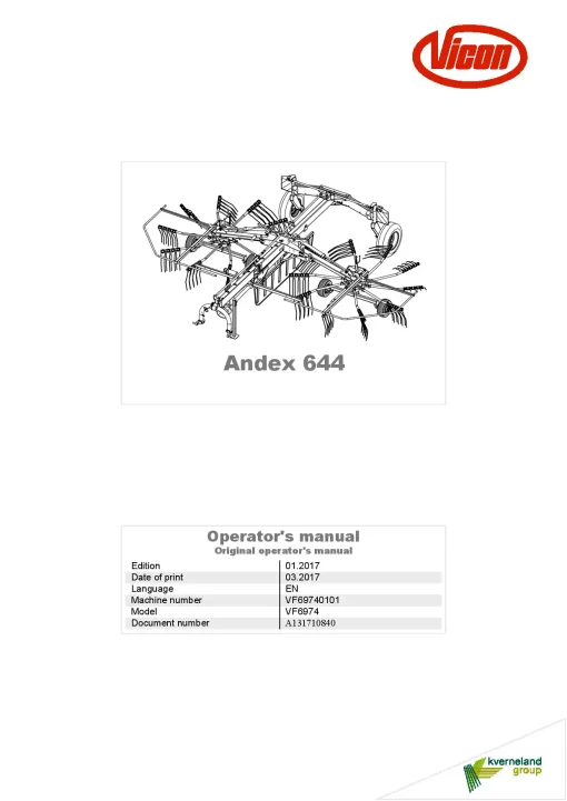 Vicon ANDEX 644 Rakes Multi Rotors 2017 Operation Maintenance Manual PDF download