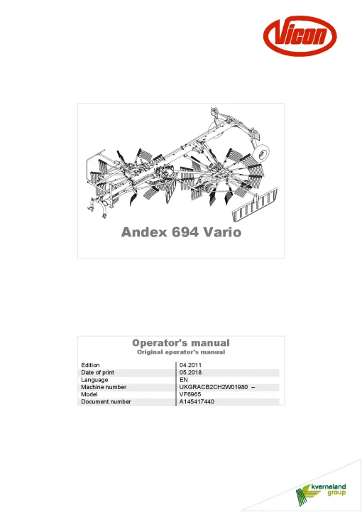 Vicon ANDEX 694 Vario Rakes Multi Rotors 2018 Operation Maintenance Manual PDF download