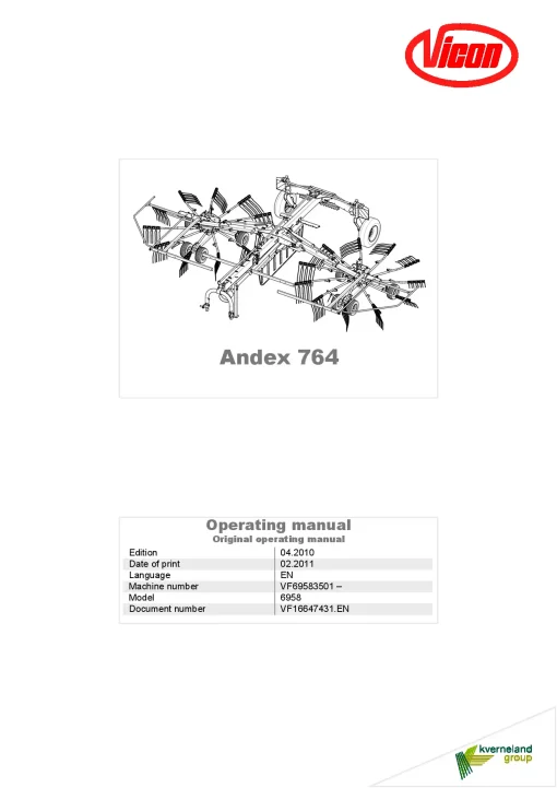 Vicon ANDEX 764 Rakes Multi Rotors 2010 Operation Maintenance Manual PDF download