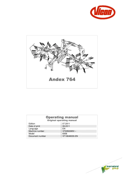 Vicon ANDEX 764 Rakes Multi Rotors 2011 Operation Maintenance Manual PDF download