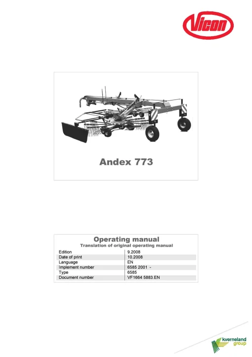 Vicon ANDEX 773 Rakes Multi Rotors 2008 Operation Maintenance Manual PDF download