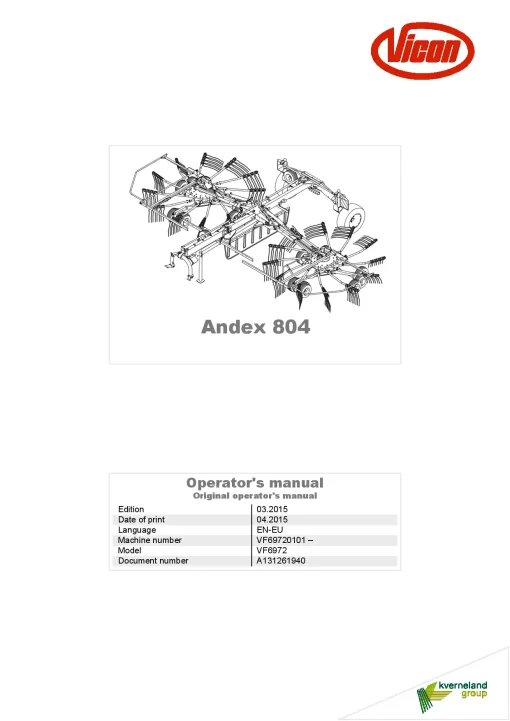 Vicon ANDEX 804 Rakes Multi Rotors 2015 Operation Maintenance Manual PDF download