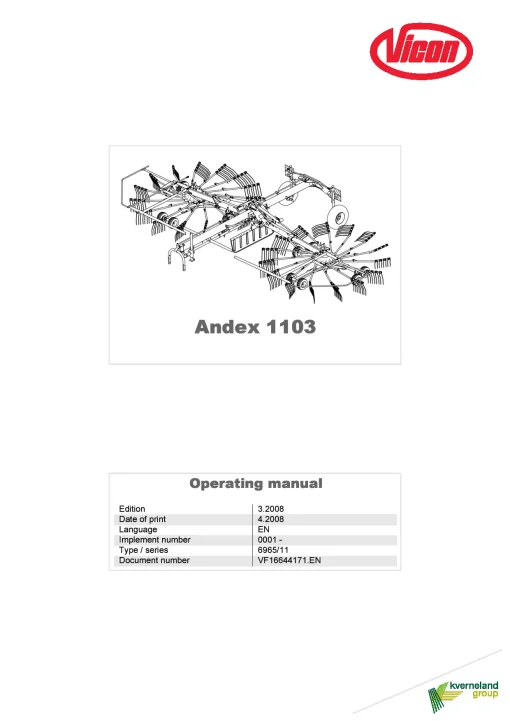 Vicon Andex 1103 Rakes Multi rotors 2008 Operation Maintenance Manual PDF download
