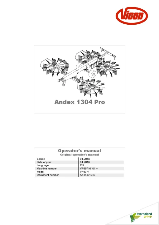 Vicon Andex 1304 PRO Rakes 4 Rotors 2018 Operation Maintenance Manual PDF download