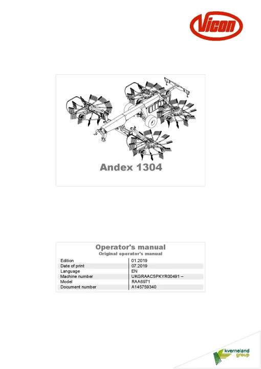 Vicon Andex 1304 Rakes 4 Rotors 2019 Operation Maintenance Manual PDF download