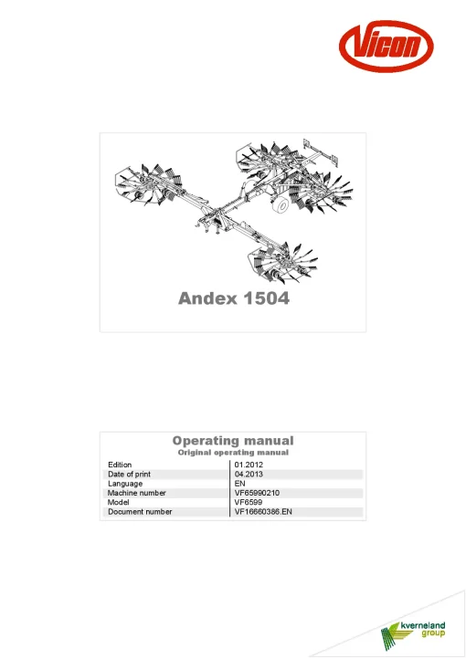 Vicon Andex 1504 Rakes 4 Rotors 2012 Operation Maintenance Manual PDF download