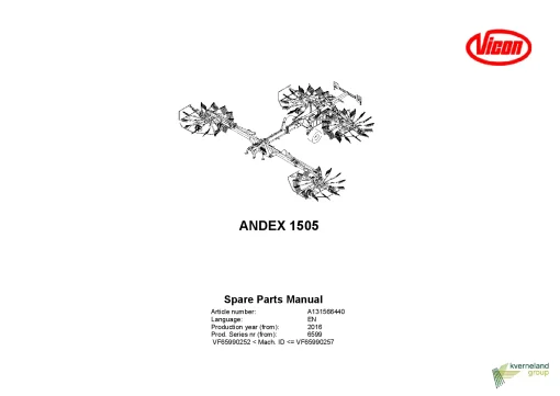 Vicon Andex 1505 Rakes 4 Rotors 2016 Parts Manual Catalog Pdf Download