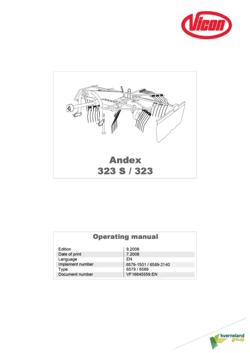 Vicon Andex 323S Rakes Single rotor 2008 Operation Maintenance Manual PDF download