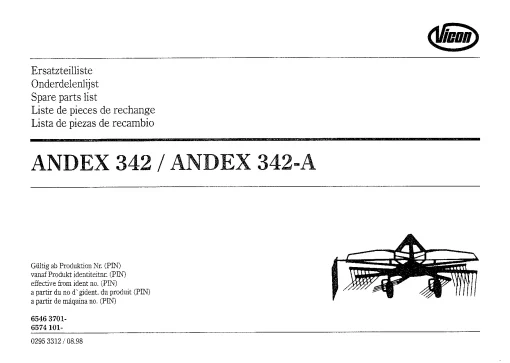 Vicon Andex 342 A Rakes Single rotor 1998 Parts Manual Catalog Pdf Download