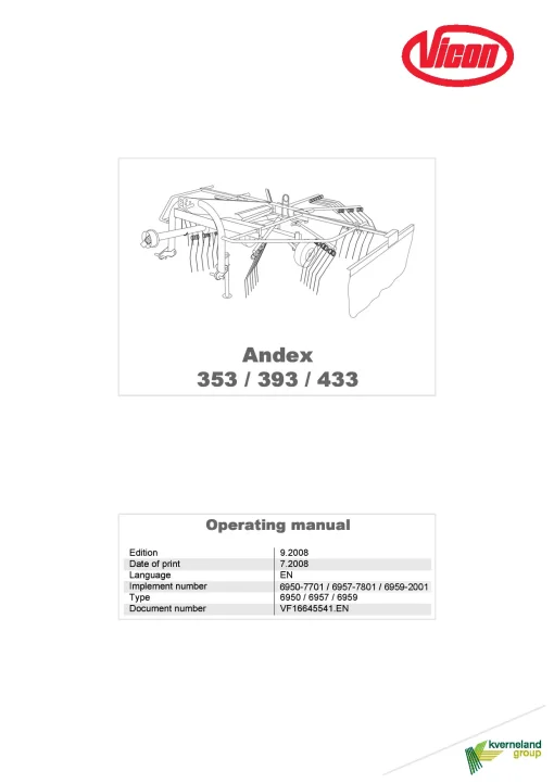 Vicon Andex 353 393 433 Rakes Single rotor 2008 Operation Maintenance Manual PDF download