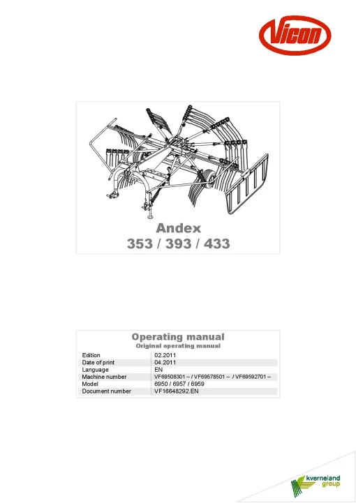 Vicon Andex 353 393 433 Rakes Single rotor 2011 Operation Maintenance Manual PDF download